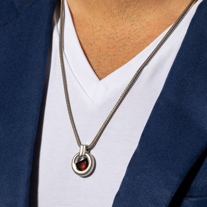 Half Moon Shape Garnet Amulet Pendant Necklace for Men Sterling Silver 4.50 Carats
