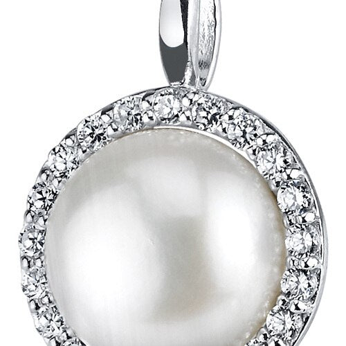 Freshwater Cultured 10mm White Pearl Empress Halo Pendant Necklace Sterling Silver