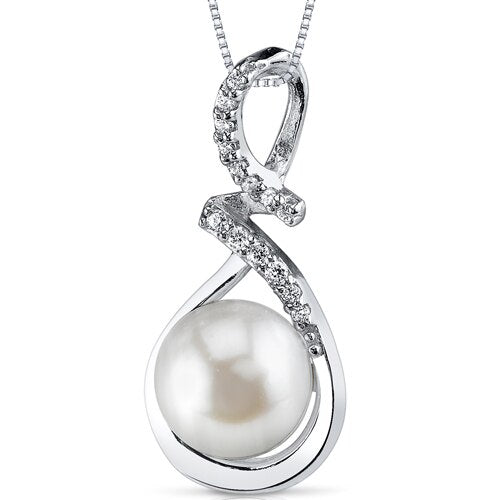 Freshwater Cultured 9mm White Pearl Lace Drop Pendant Necklace Sterling Silver