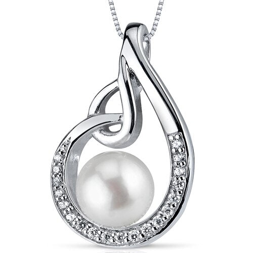 Freshwater Cultured 8mm White Pearl Open Swirl Pendant Necklace Sterling Silver