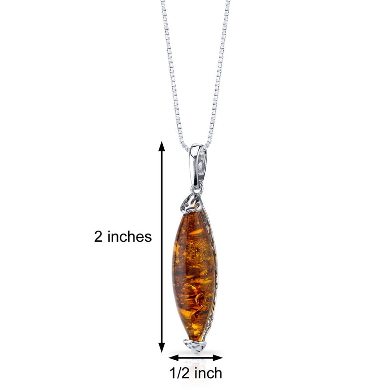 Baltic Amber Elongated Pendant Necklace Sterling Silver Cognac