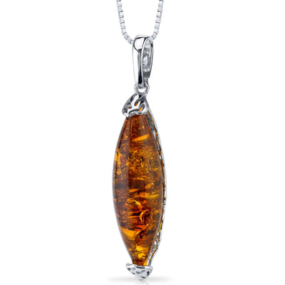 Baltic Amber Elongated Pendant Necklace Sterling Silver Cognac