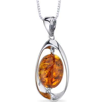 Baltic Amber Pendant Necklace Sterling Silver Cognac Color Large Oval