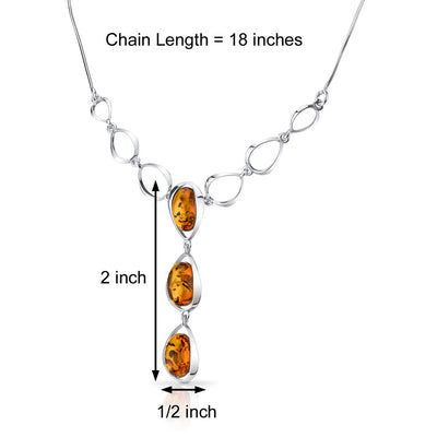 Three Stone Baltic Amber Necklace Sterling Silver Cognac Oval