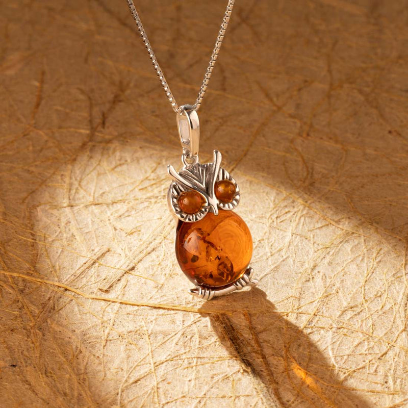 Baltic Amber Owl Pendant Necklace Sterling Silver Cognac  Color