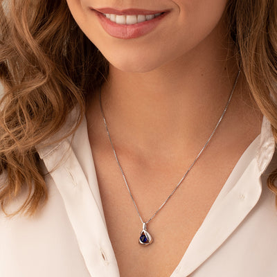 Created Blue Sapphire Sterling Silver Chiseled Pendant Necklace