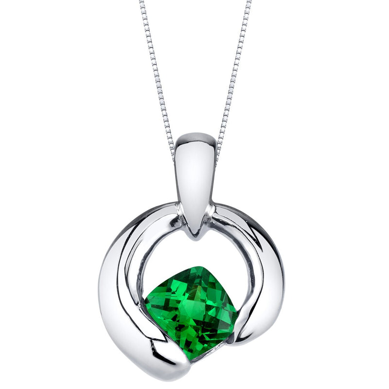 Simulated Emerald Sterling Silver Cushion Cut Orbit Pendant Necklace