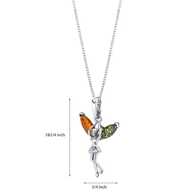 Baltic Amber Sterling Silver Fairy Pendant Necklace Cognac and Olive Green Color