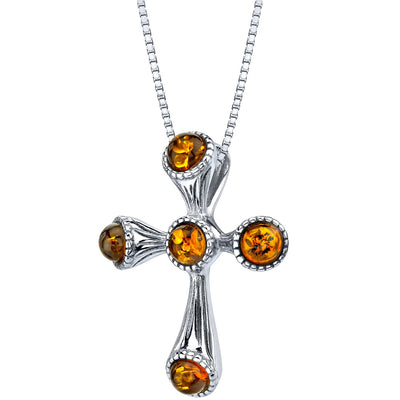 Baltic Amber Sterling Silver Cross Pendant Necklace Cognac Color