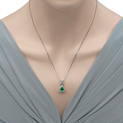 Simulated Emerald Sterling Silver Regina Halo Pendant Necklace 1 Carat