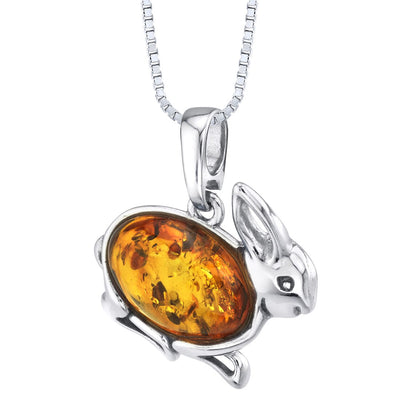Baltic Amber Bunny Rabbit Pendant Necklace Sterling Silver