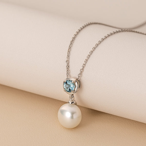 10mm Freshwater Cultured Pearl & Aquamarine Necklace in Sterling Silver-creative