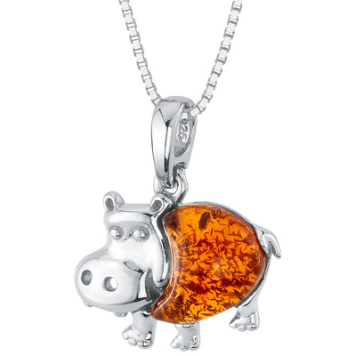 Genuine Baltic Amber Hippo Animal Pendant Necklace in Sterling Silver