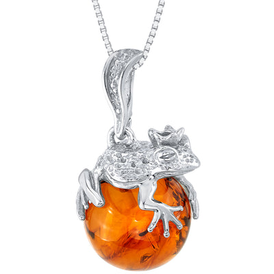 Genuine Baltic Amber Frog Prince Pendant Necklace in Sterling Silver