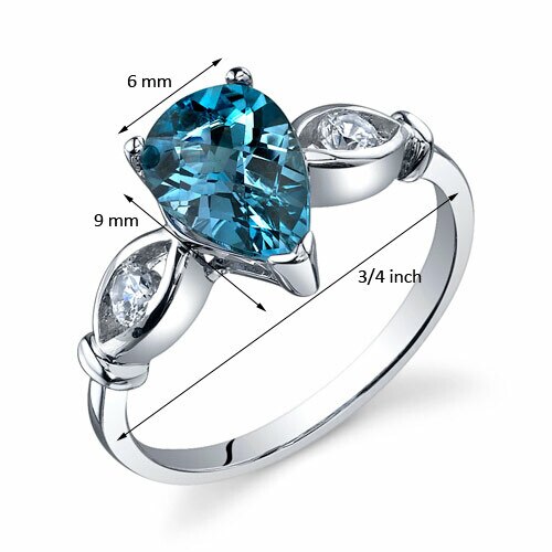 London Blue Topaz Ring Sterling Silver Pear Shape 1.5 Carats