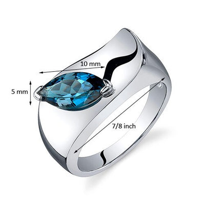 London Blue Topaz Ring Sterling Silver Marquise Shape 1 Carats
