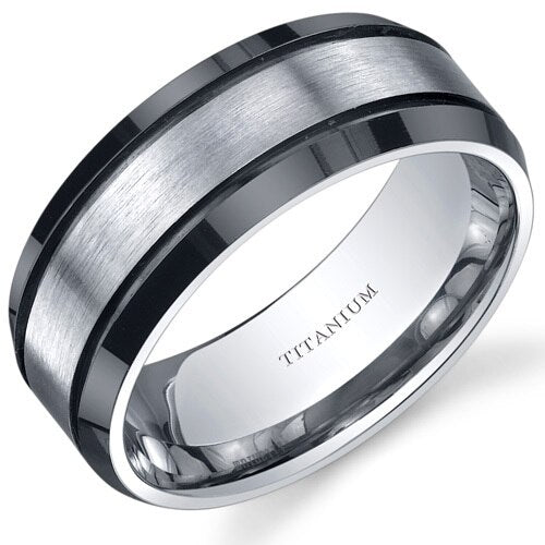 Beveled Black and Silver tone 8mm Titanium Mens Ring