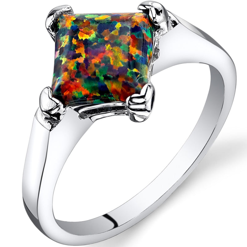 Black Opal Princess Cut Solitaire Ring Sterling Silver 1.00 Carat Sizes 5 to 9