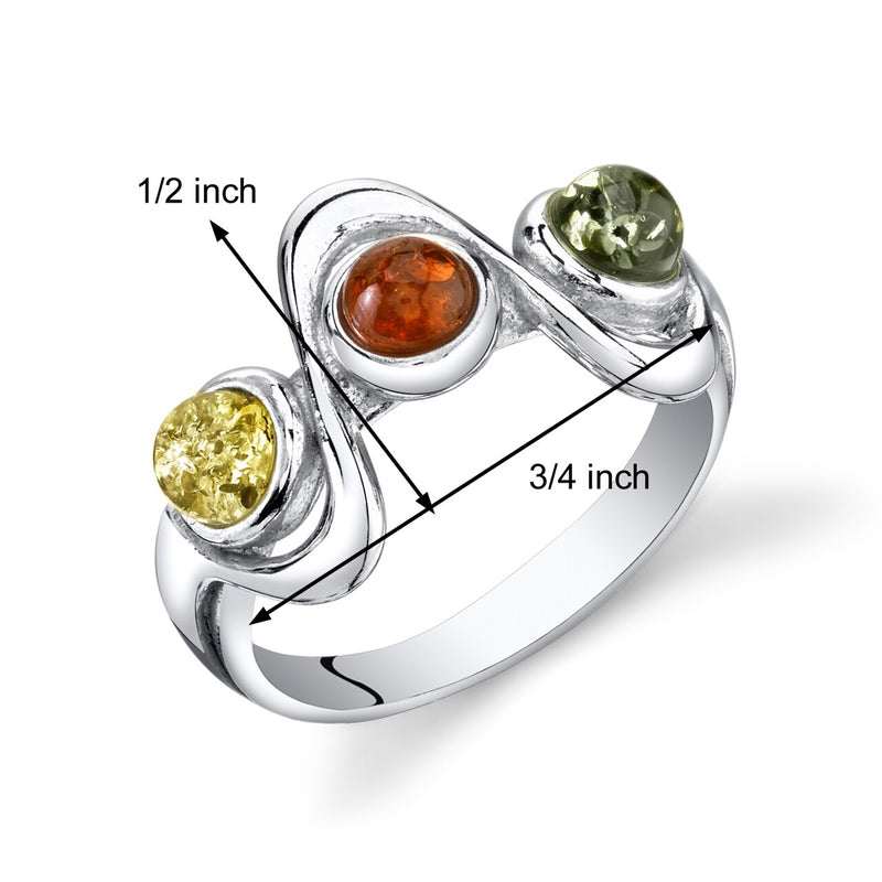 Three Stone Baltic Amber Ring Sterling Silver Squiggle Sizes 5-9