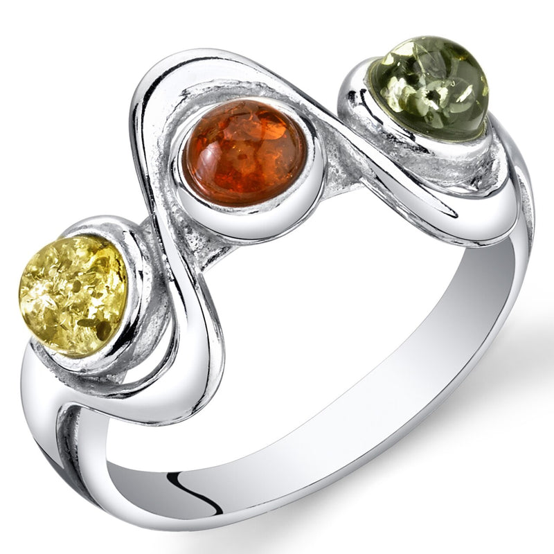 Three Stone Baltic Amber Ring Sterling Silver Squiggle Sizes 5-9