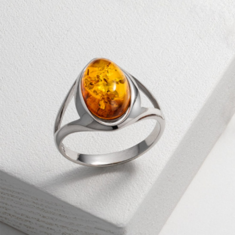 Baltic Amber Ring Sterling Silver Cognac Color Oval Sizes 5-9