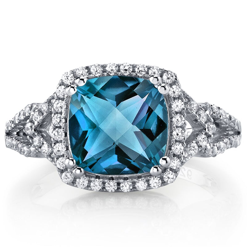 London Blue Topaz Cushion Cut Checkerboard Ring Sterling Silver 2.75 Carats Sizes 5 to 9