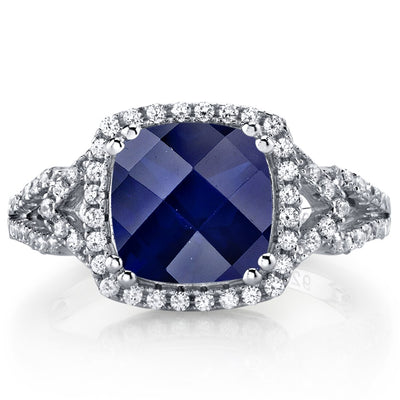 Created Blue Sapphire Cushion Cut Checkerboard Ring Sterling Silver 3.00 Carats Sizes 5 to 9