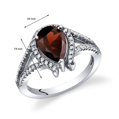 Garnet Ring Sterling Silver Tear Drop 1.50 Carats Sizes 5 to 9
