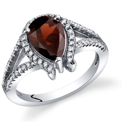 Garnet Ring Sterling Silver Tear Drop 1.50 Carats Sizes 5 to 9