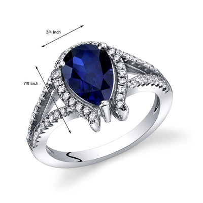 Created Blue Sapphire Ring Sterling Silver Tear Drop 1.75 Carats Sizes 5 to 9