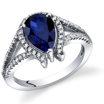 Created Blue Sapphire Ring Sterling Silver Tear Drop 1.75 Carats Sizes 5 to 9