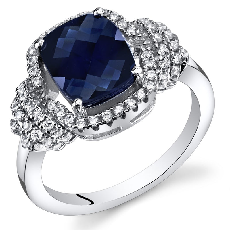 Created Blue Sapphire Cushion Cut Ring Sterling Silver 2.75 Carats Sizes 5 to 9