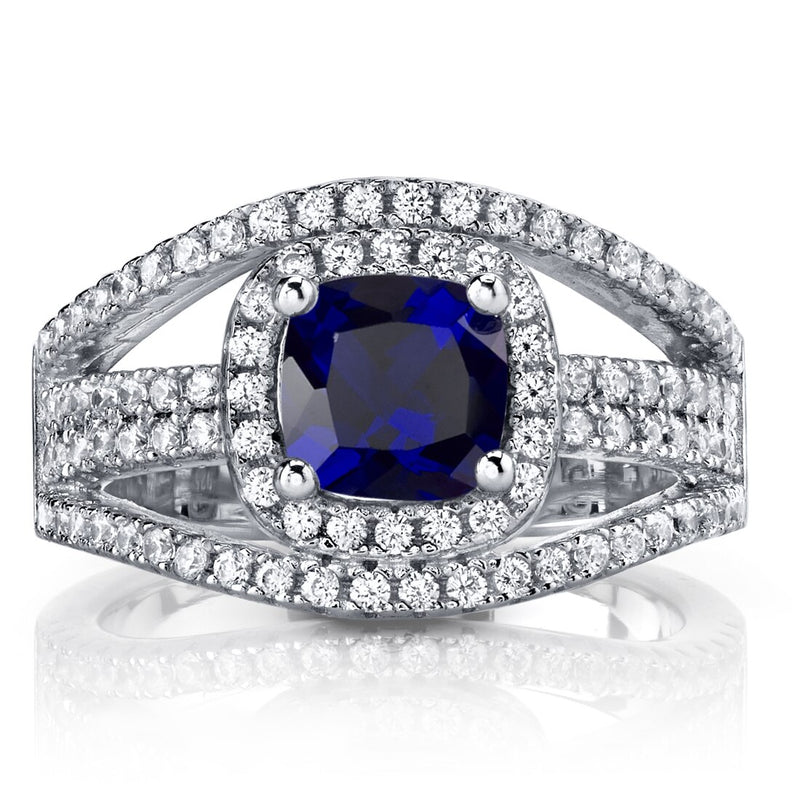 Created Blue Sapphire Cushion Cut Pave Ring Sterling Silver 1.25 Carats Sizes 5 to 9