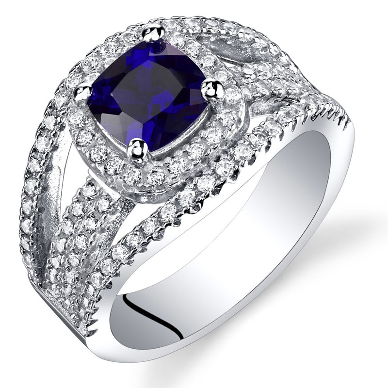 Created Blue Sapphire Cushion Cut Pave Ring Sterling Silver 1.25 Carats Sizes 5 to 9