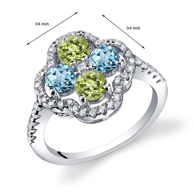 Swiss Blue Topaz and Peridot Clover Ring Sterling Silver Sizes 5 to 9