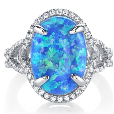 Created Blue Opal Halo Ring Sterling Silver 2.25 Carats Sizes 5 to 9