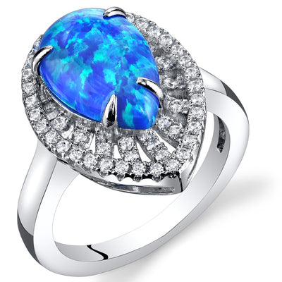 Created Blue Opal Tear Drop Cabochon Ring Sterling Silver 1.50 Carats Sizes 5 to 9