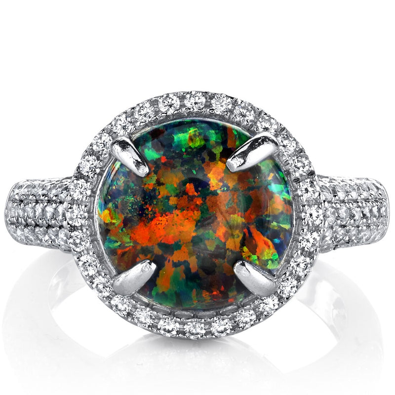 Created Black Opal Ring Sterling Silver Round Cabochon 1.50 Carats Sizes 5 to 9