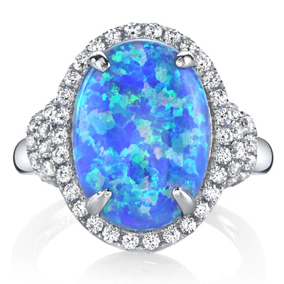 Created Blue Opal Designer Ring Sterling Silver 2.25 Carats Sizes 5 to 9