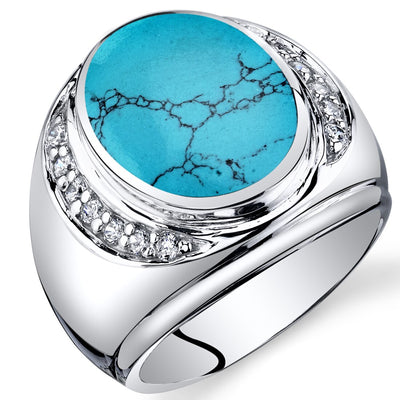 Mens Oval Cut Simulated Turquoise Godfather Ring Sterling Silver Sizes 8 To 13