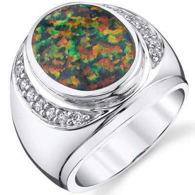 Men's Created Black Opal Godfather Ring Sterling Silver Sizes 8 To 13