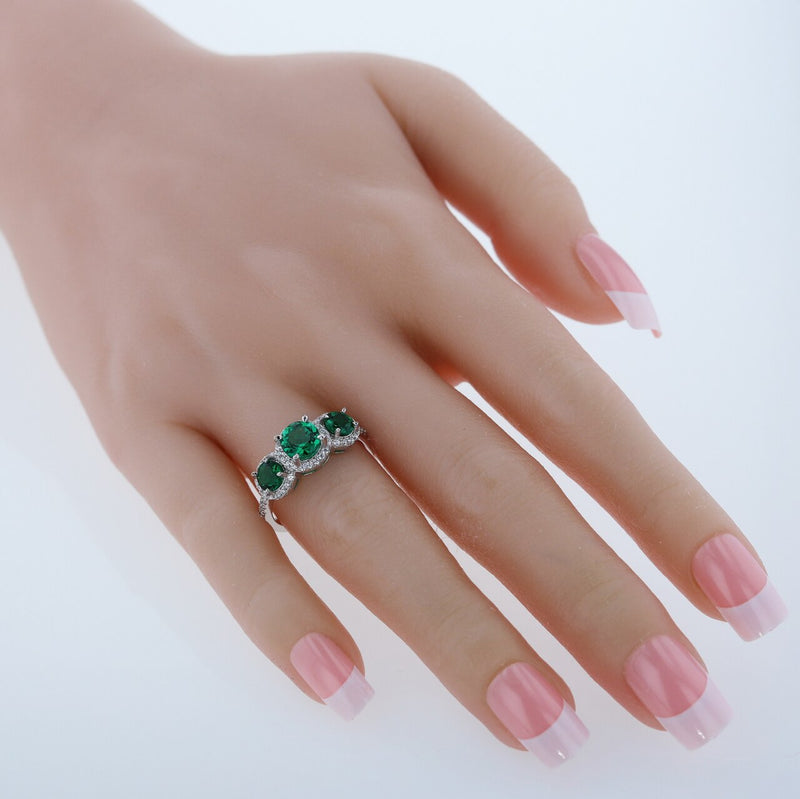 Simulated Emerald Sterling Silver 3 Stone Halo Ring 1 Carat Sizes 5 to 9