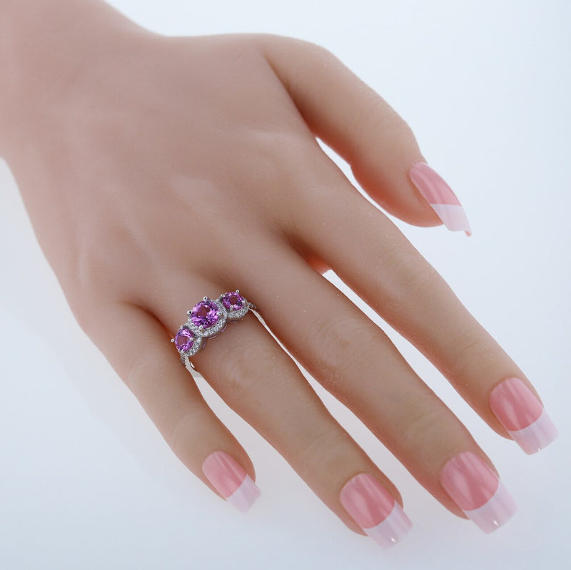 Created Pink Sapphire Sterling Silver 3 Stone Halo Ring 1.50 Carats Sizes 5 to 9