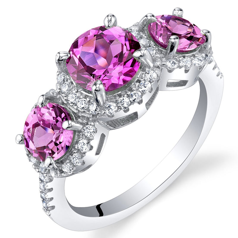 Created Pink Sapphire Sterling Silver 3 Stone Halo Ring 1.50 Carats Sizes 5 to 9