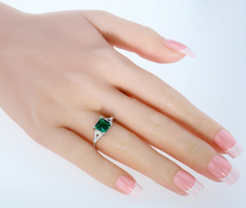 Princess Cut Emerald Sweetheart Ring Sterling Silver 1.50 Carats