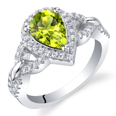 Pear Shape Peridot Halo Crest Ring Sterling Silver 1.25 Carats