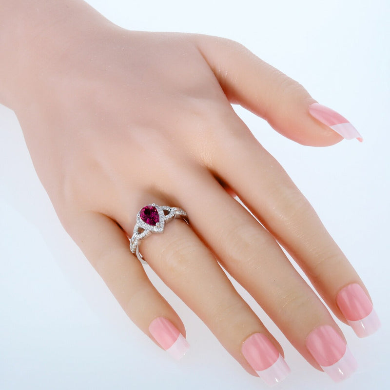 Pear Shape Ruby Halo Crest Ring Sterling Silver 1.75 Carats