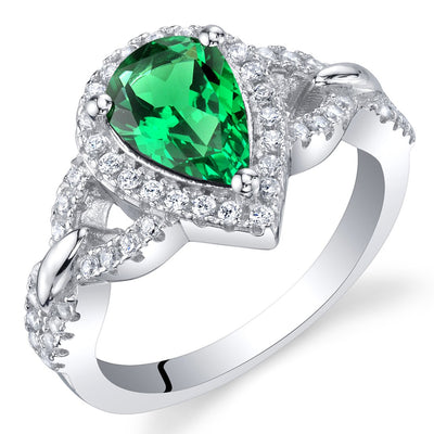 Pear Shape Emerald Halo Crest Ring Sterling Silver 1 Carat