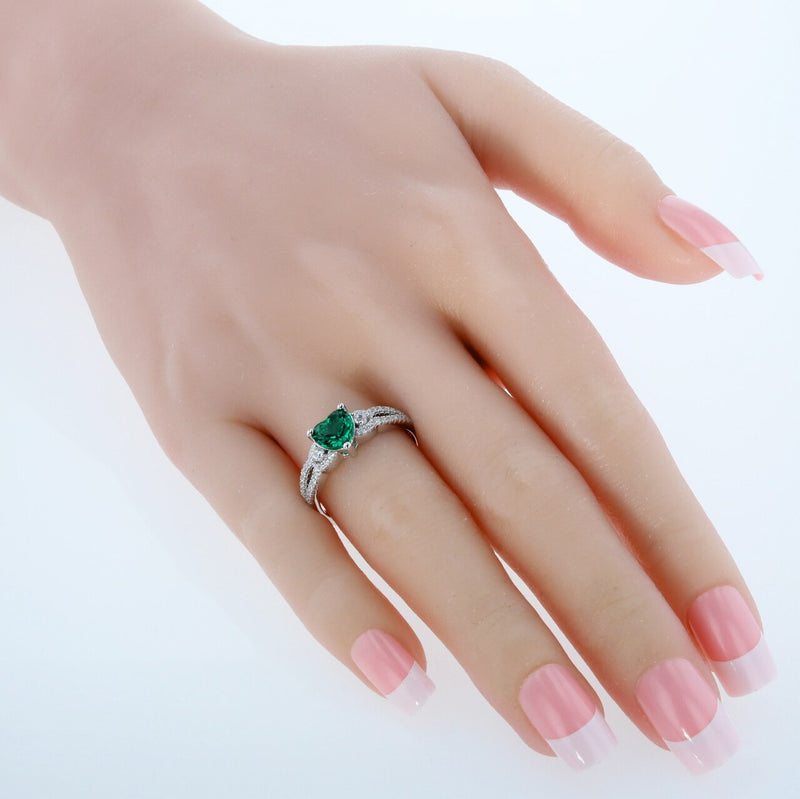 Heart Shape Emerald Soulmate Ring Sterling Silver 1.25 Carats
