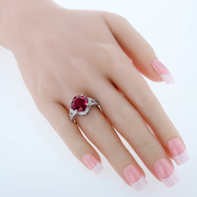 Cushion Cut Ruby Halo Ring Sterling Silver 7.50 Carats